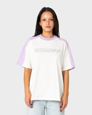 Woman wearing Timmy Target 220 Oversize Tee in Cream / Mulberry Purple