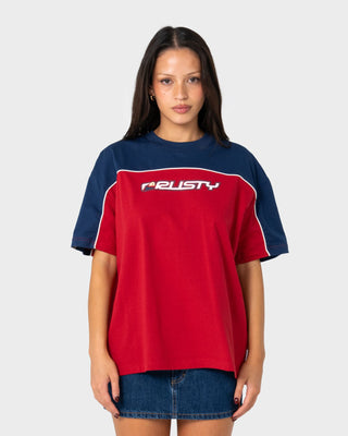 Woman wearing Archived Ops Oversize Short Sleeve Tee in Cranberry / Navy