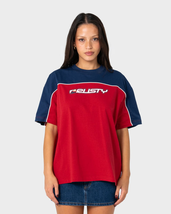 woman-wearing-archived-ops-oversize-short-sleeve-tee-in-cranberry-navy