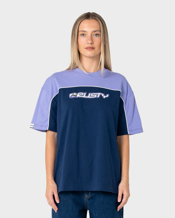 woman-wearing-archived-ops-oversize-short-sleeve-tee-in-navy-mulberry-purple