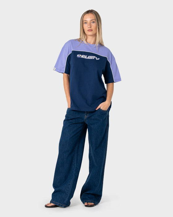 woman-wearing-archived-ops-oversize-short-sleeve-tee-in-navy-mulberry-purple
