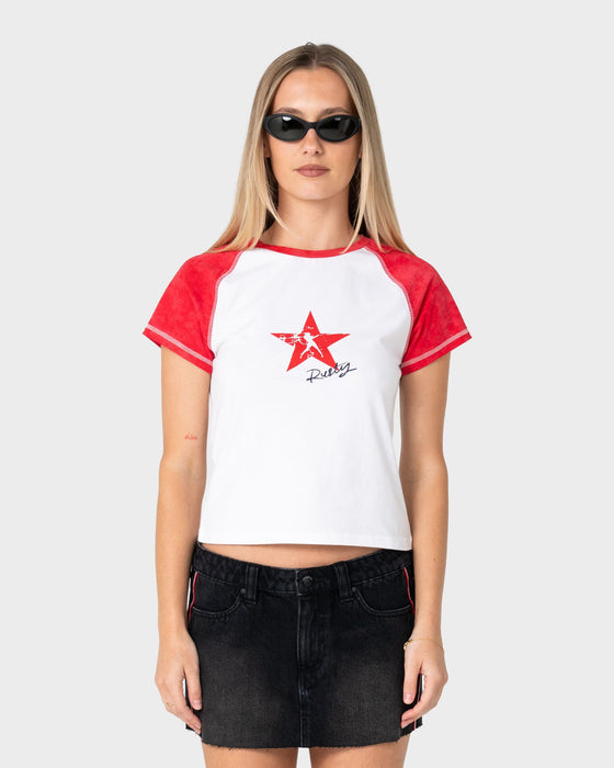 woman-wearing-starred-devil-raglan-baby-tee-in-white-red