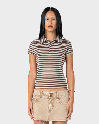 Woman wearing Peta Stripe Polo Baby Tee in Brown / Cream Stripe