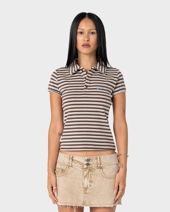 woman-wearing-peta-stripe-polo-baby-tee-in-brown-cream-stripe
