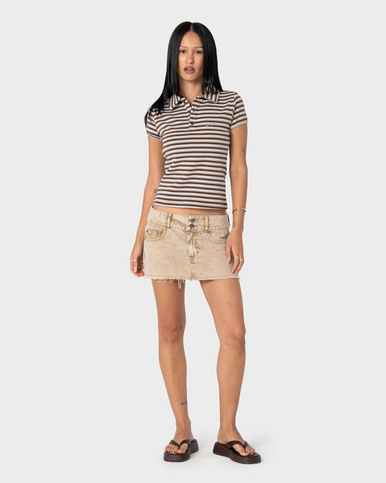 woman-wearing-peta-stripe-polo-baby-tee-in-brown-cream-stripe