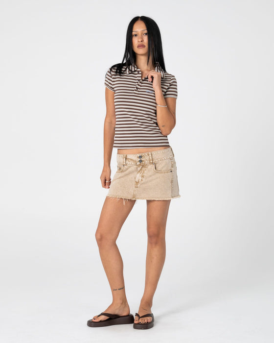 woman-wearing-peta-stripe-polo-baby-tee-in-brown-cream-stripe