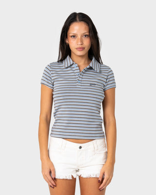 Woman wearing Peta Stripe Polo Baby Tee in Retro Blue / Yellow Stripe