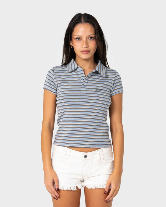 woman-wearing-peta-stripe-polo-baby-tee-in-retro-blue-yellow-stripe