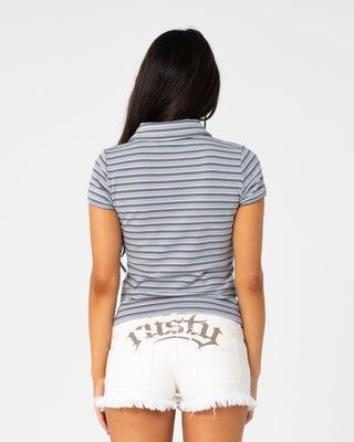 Woman wearing Peta Stripe Polo Baby Tee in Retro Blue / Yellow Stripe