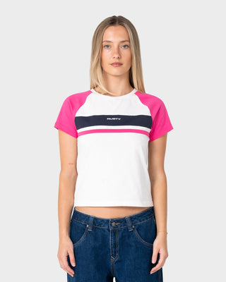 Woman wearing Raise The Ford Baby Tee in Egret / Pink