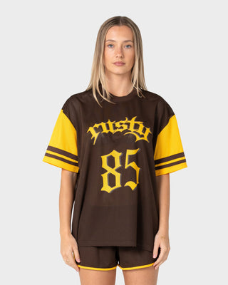Woman wearing Rag Stripe Oversized Mesh Oversize Tee in Java / Amber