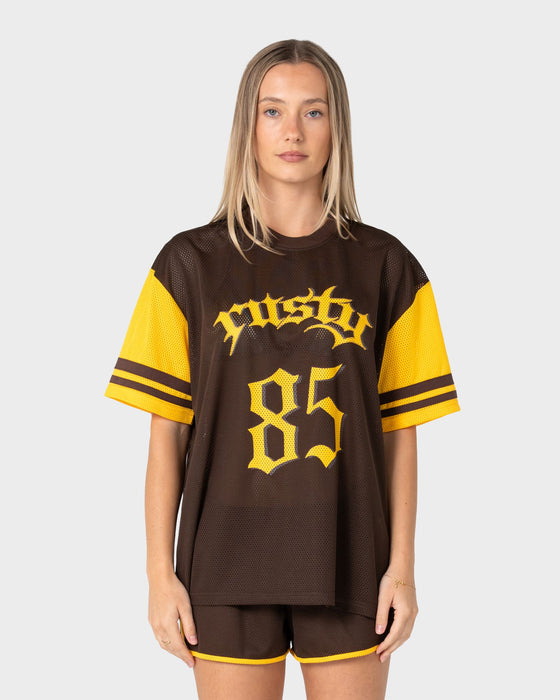 woman-wearing-rag-stripe-oversized-mesh-oversize-tee-in-java-amber