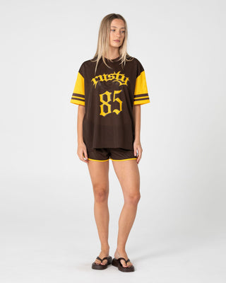 woman-wearing-rag-stripe-oversized-mesh-oversize-tee-in-java-amber