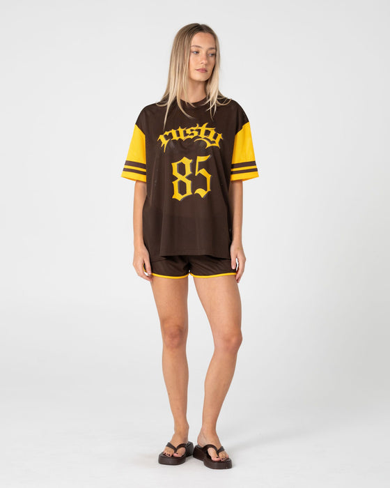 woman-wearing-rag-stripe-oversized-mesh-oversize-tee-in-java-amber