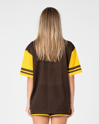 Woman wearing Rag Stripe Oversized Mesh Oversize Tee in Java / Amber
