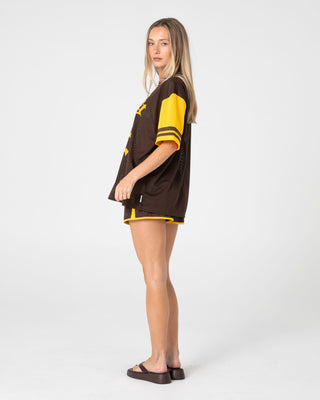 Woman wearing Rag Stripe Oversized Mesh Oversize Tee in Java / Amber