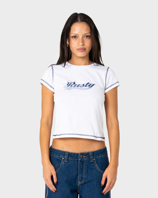 Woman wearing Horny Devil Baby Tee in White