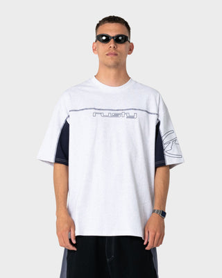 Man wearing Cyberwave Short Sleeve Tee in Ecru Marle
