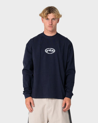 Man wearing Turbo Long Sleeve Tee in Navy Blue