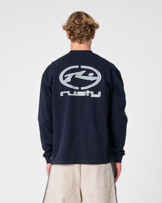 Man wearing Turbo Long Sleeve Tee in Navy Blue