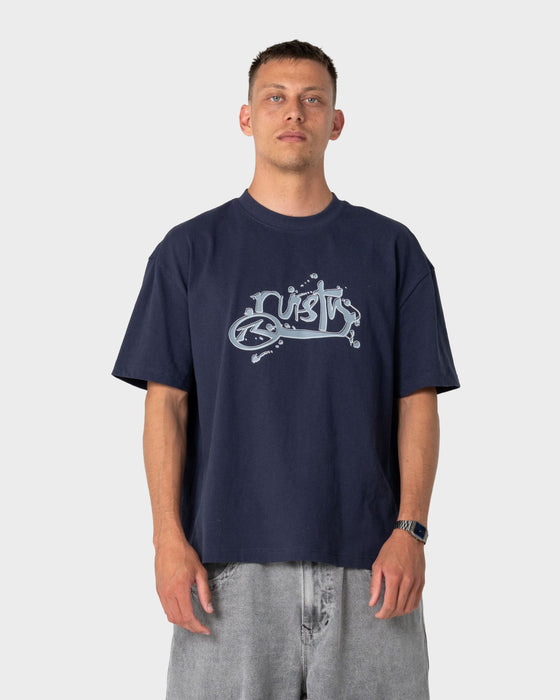 man-wearing-spray-n-pray-short-sleeve-tee-in-dark-blue