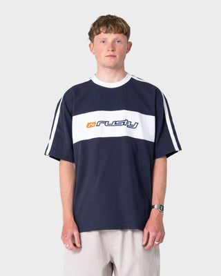 Man wearing Super Shaolin 3.0 Short Sleeve Tee in Dark Blue