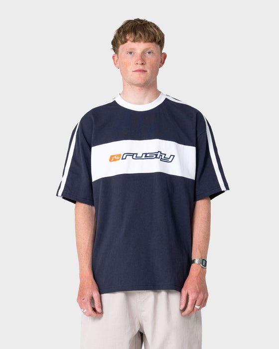 man-wearing-super-shaolin-3-0-short-sleeve-tee-in-dark-blue