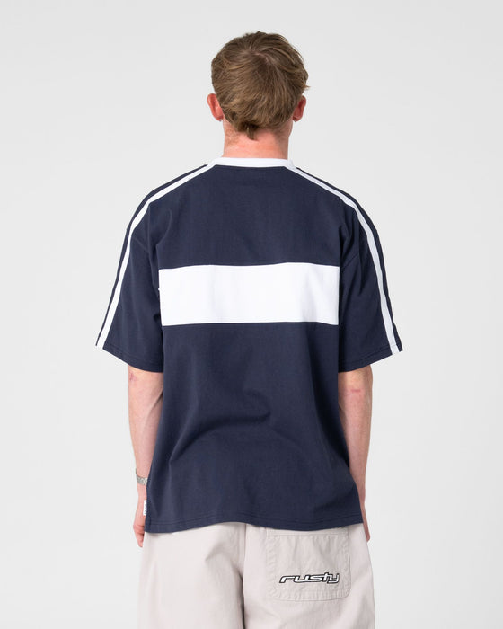 man-wearing-super-shaolin-3-0-short-sleeve-tee-in-dark-blue