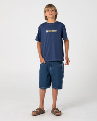 Boy wearing Flip Daddy Taped Jort Boys in Deep Sea Blue