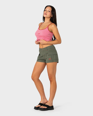 Woman wearing Tempo Low Rise Ripstop Cargo Short in Shadow Army