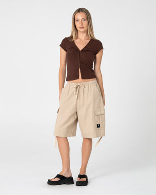 Woman wearing River Low Rise Baggy Cargo Short in Oatmeal
