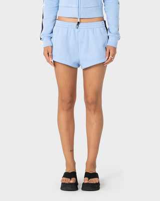 Woman wearing Retro Lines Mini Fleece Short in Retro Blue
