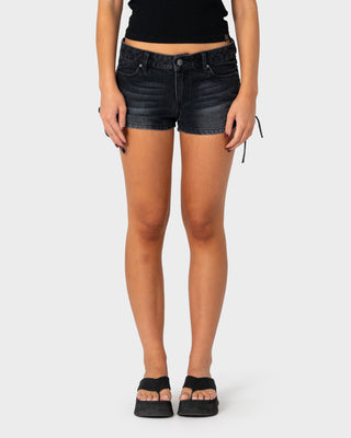 Woman wearing Hackney Low Rise Micro Mini Short in Blasted Black