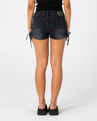 Woman wearing Hackney Low Rise Micro Mini Short in Blasted Black