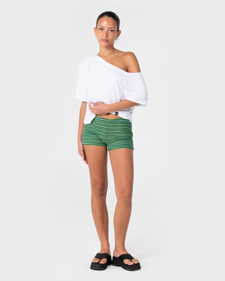 Woman wearing Emma Booty Short in Tonal Green Stripe