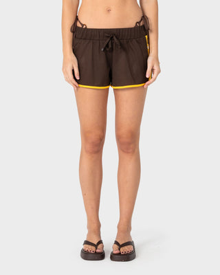 Woman wearing Rag Stripe Mesh Booty Short in Java / Amber