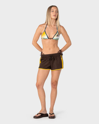 Woman wearing Rag Stripe Mesh Booty Short in Java / Amber