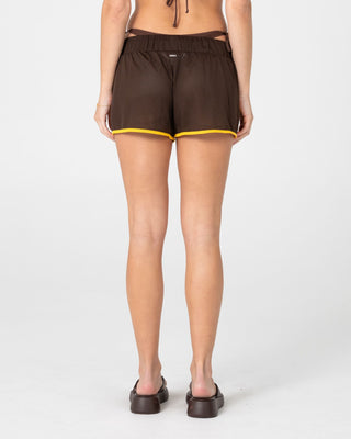 Woman wearing Rag Stripe Mesh Booty Short in Java / Amber