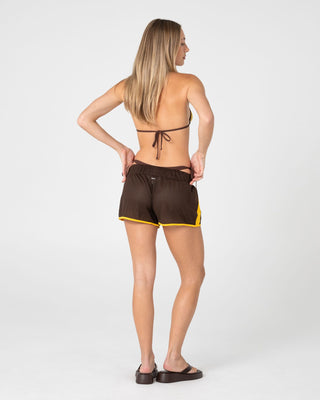 Woman wearing Rag Stripe Mesh Booty Short in Java / Amber