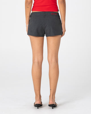 Woman wearing Finance Mummy Low Rise Suit Short in Grey Pin Stripe