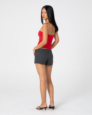 Woman wearing Finance Mummy Low Rise Suit Short in Grey Pin Stripe