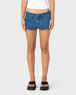 Woman wearing Flip Mommy Low Rise Micro Mini Short 2.0 in Middy Blue / Blue