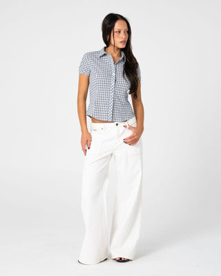 Woman wearing Missy May Check Shirt in Navy / Cream Check