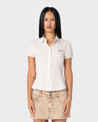 Woman wearing Missy May Stripe Shirt in Oatmeal Stripe