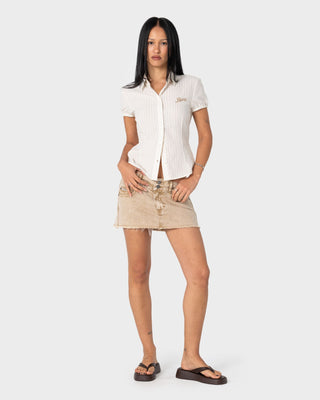 Woman wearing Missy May Stripe Shirt in Oatmeal Stripe