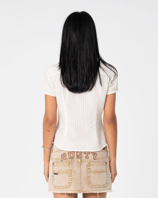 Woman wearing Missy May Stripe Shirt in Oatmeal Stripe