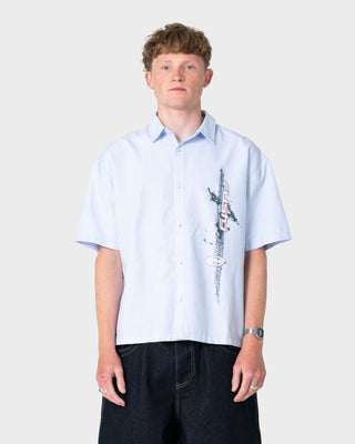 Man wearing Morning Glory Short Sleeve Shirt in Sky Blue