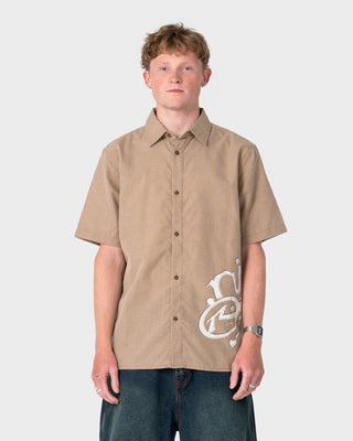 Man wearing Spray N Pray Short Sleeve Shirt in Pinecone