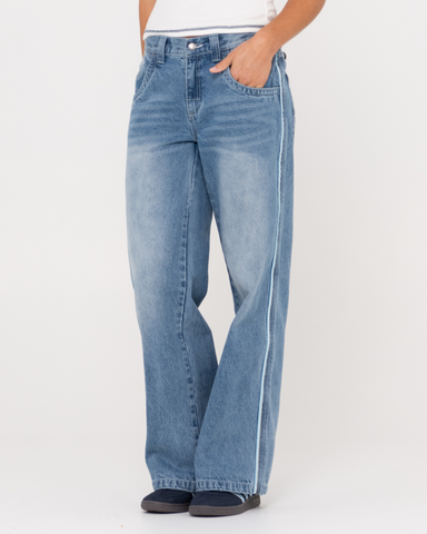 Woman wearing Flip Mommy Low Rise Wide Leg Denim Jean in Blasted Middy Blue