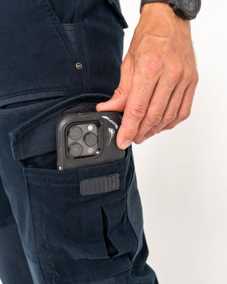 Man wearing Obligation Cargo Pant in Navy Blue